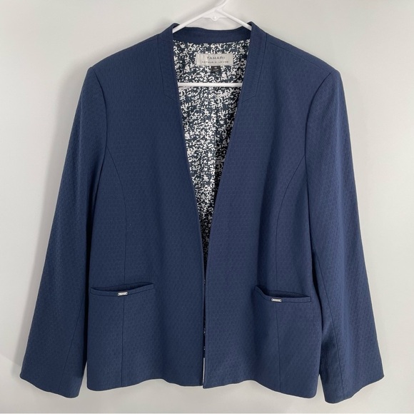 Tahari ASL Hook Eye Closure Navy Jacquard Long Sleeve Office Career Wear Jacket - Picture 1 of 11